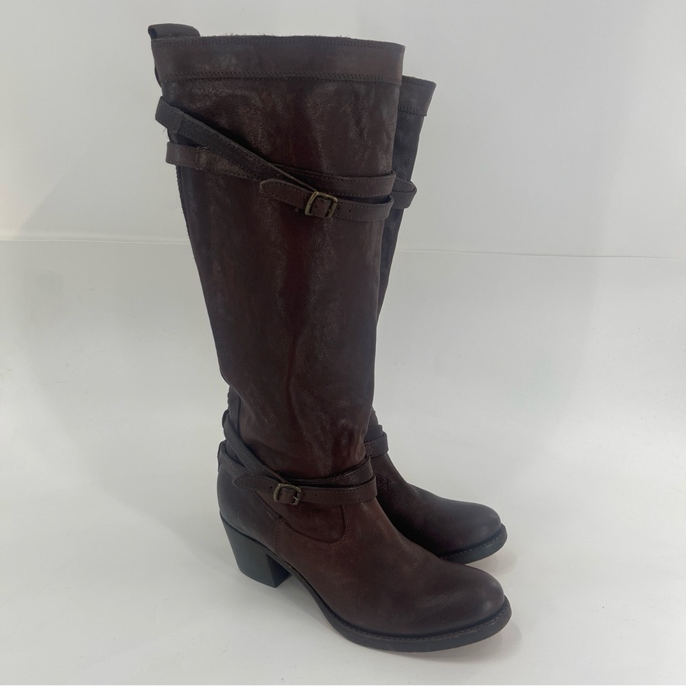FRYE 76396 Jane Strappy Brown Leather Knee High Riding Boots size 8
